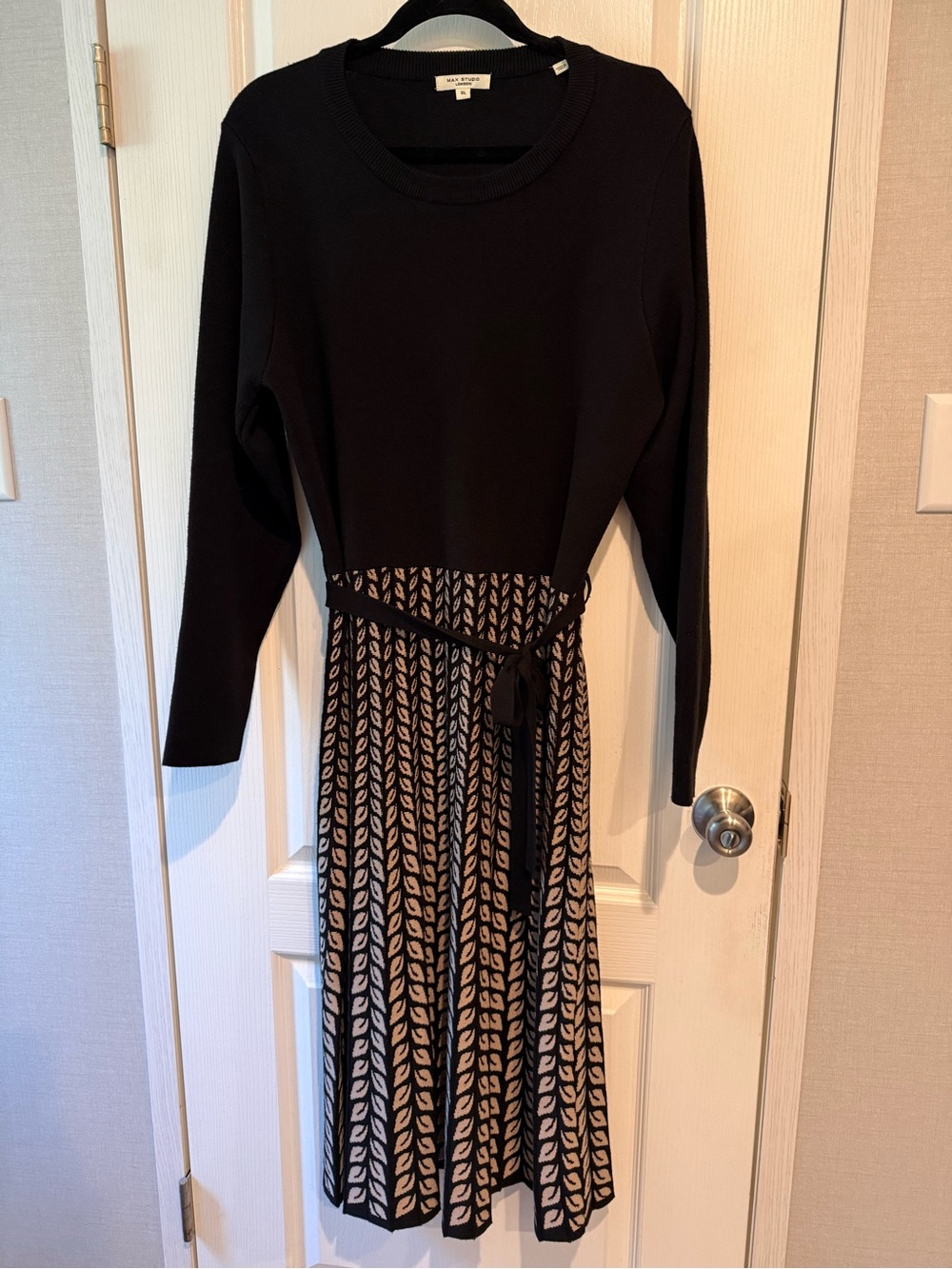 Max Studio Black Knit Dress with Cream Patterned Skirt